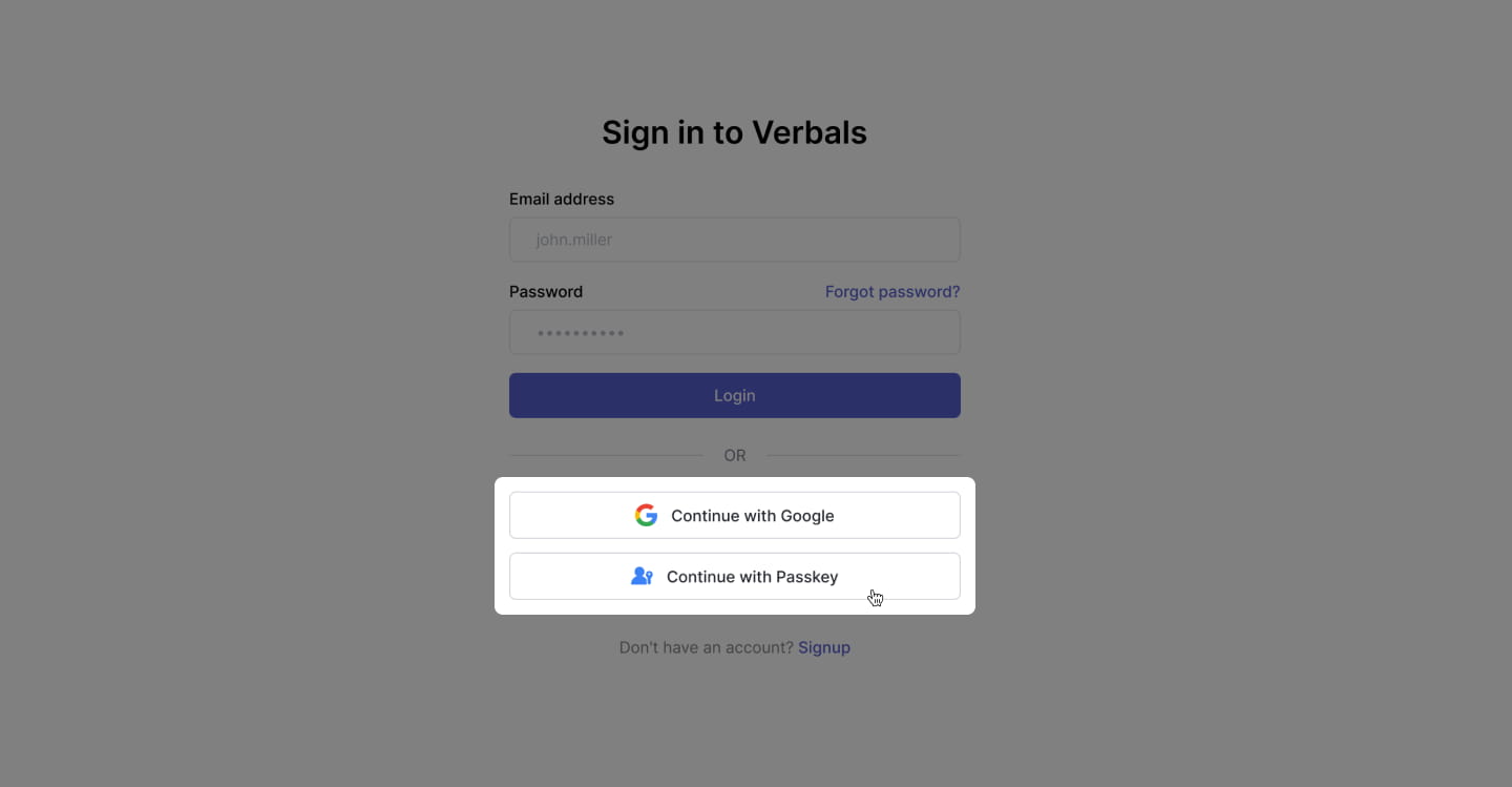 Multiple option for login to Verbals account