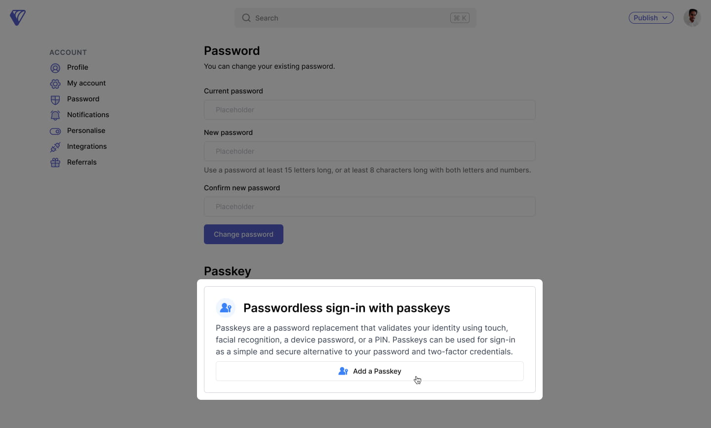 Password settings for adding passkey